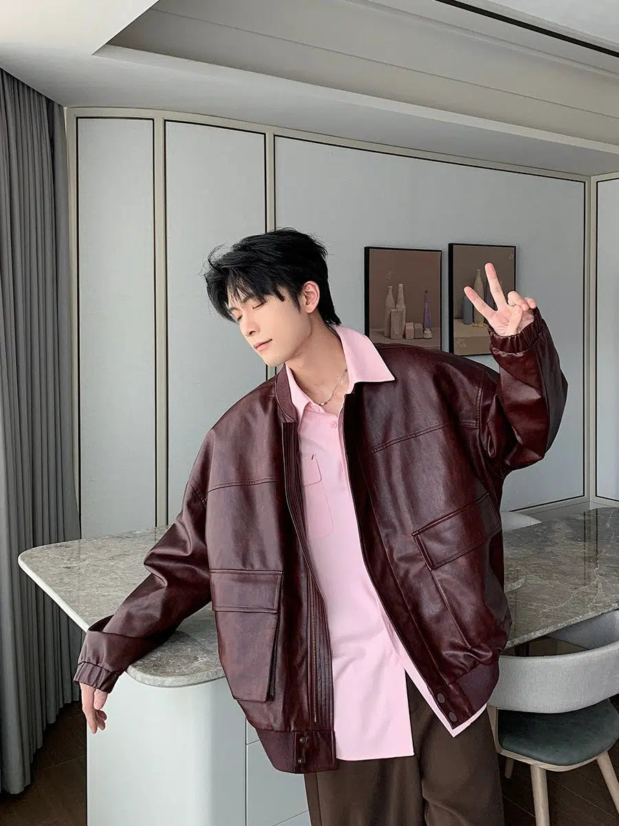 Large Pockets Leather Bomber Jacket