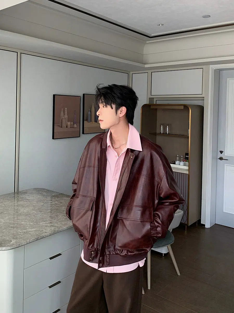 Large Pockets Leather Bomber Jacket