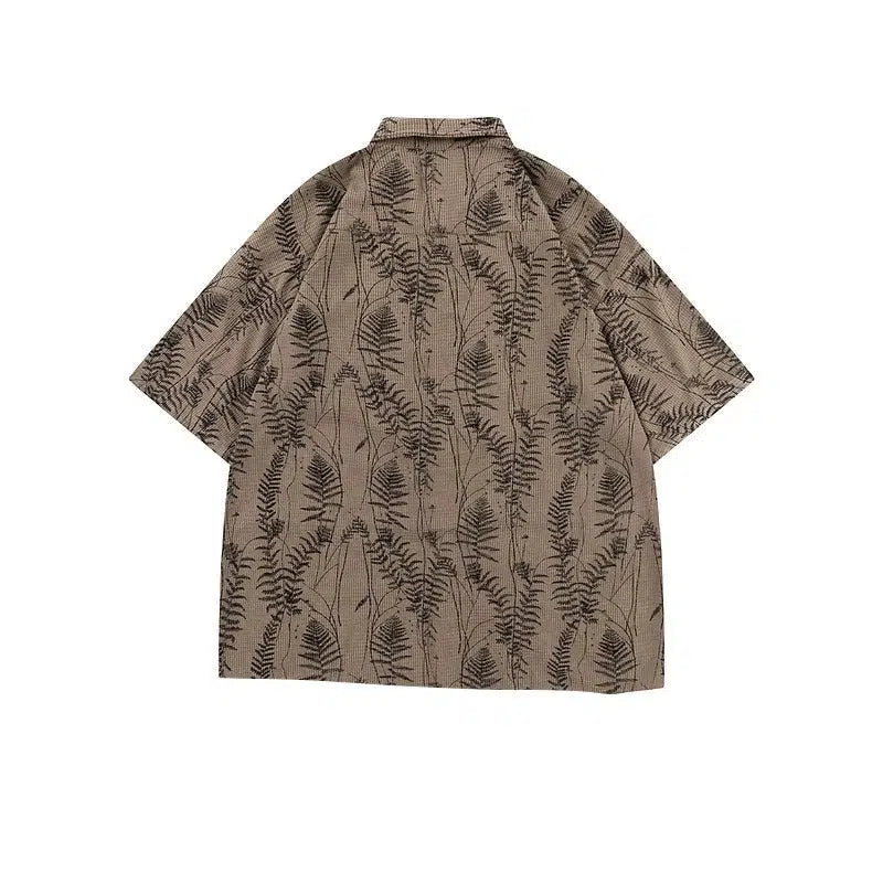 Leaf Pattern Button-Up Shirt with Tie