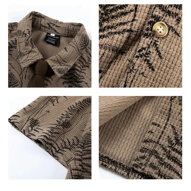Leaf Pattern Button-Up Shirt with Tie