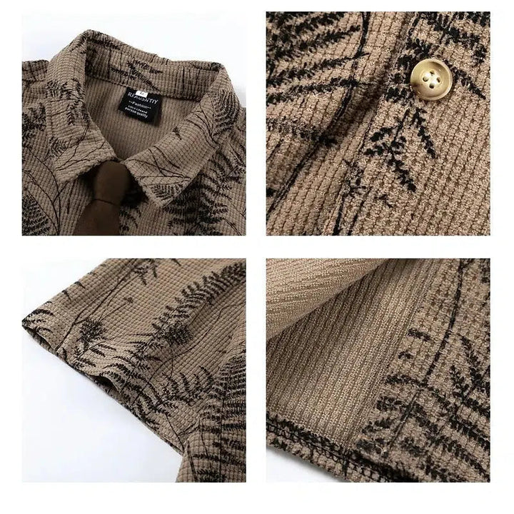 Leaf Pattern Button-Up Shirt with Tie