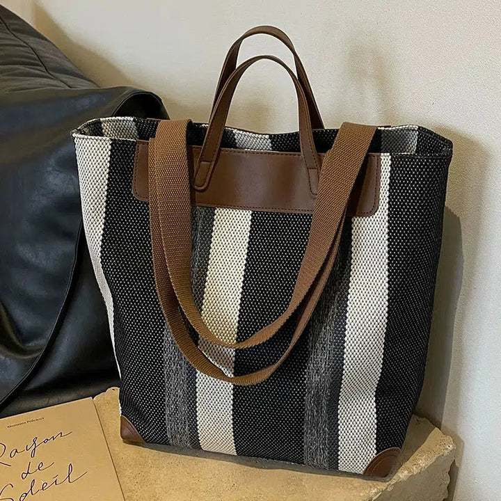 Leather Accents Striped Canvas Tote Bag