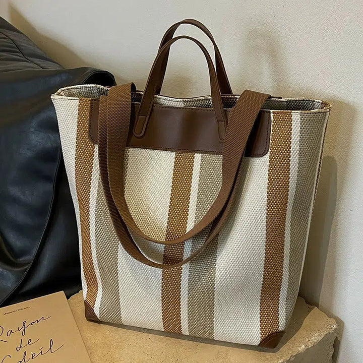 Leather Accents Striped Canvas Tote Bag