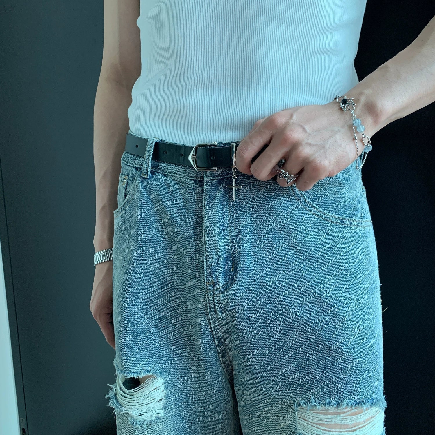 Leather Belt with Cross Charm Buckle