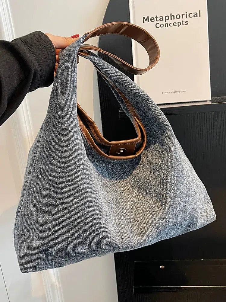 Leather Handles Casual Denim Tote Bag