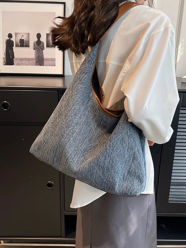 Leather Handles Casual Denim Tote Bag