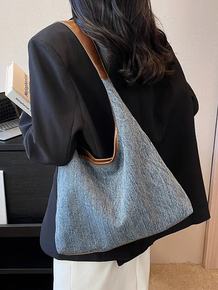 Leather Handles Casual Denim Tote Bag