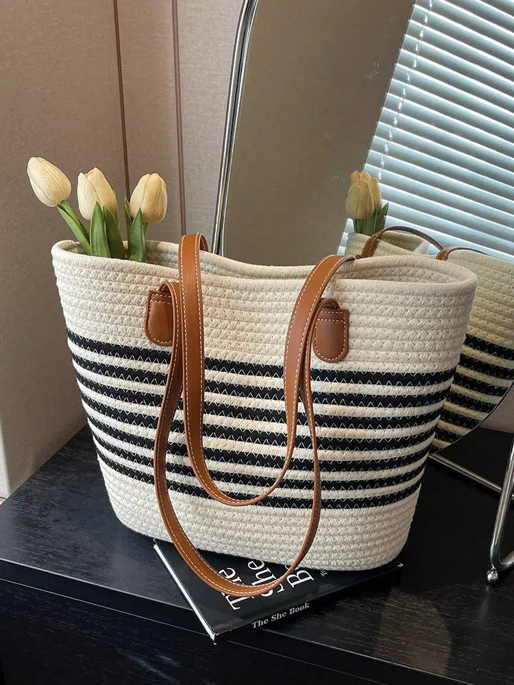 Leather Handles Striped Woven Tote Bag