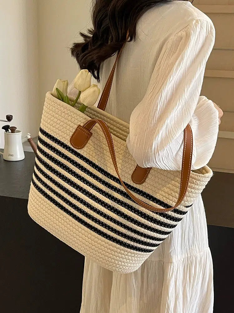 Leather Handles Striped Woven Tote Bag