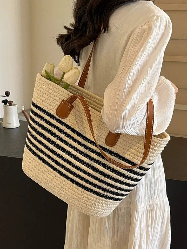 Leather Handles Striped Woven Tote Bag