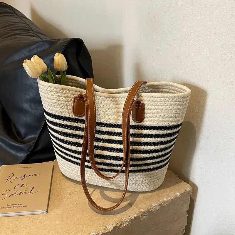 Leather Handles Striped Woven Tote Bag