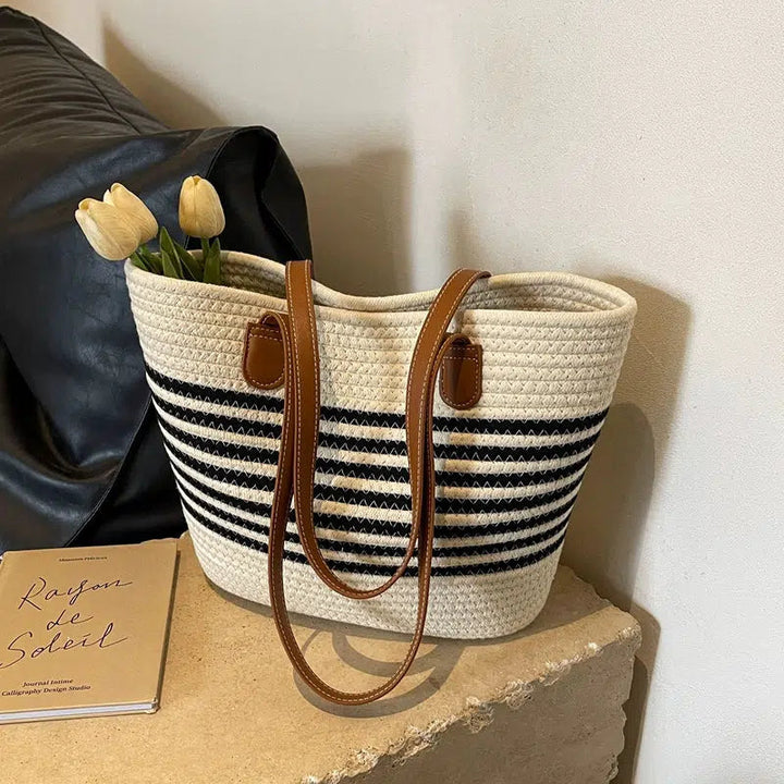 Leather Handles Striped Woven Tote Bag