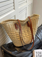 Leather Handles Woven Straw Tote Bag