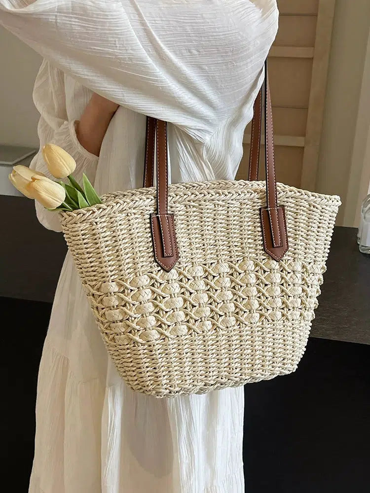 Leather Handles Woven Straw Tote Bag