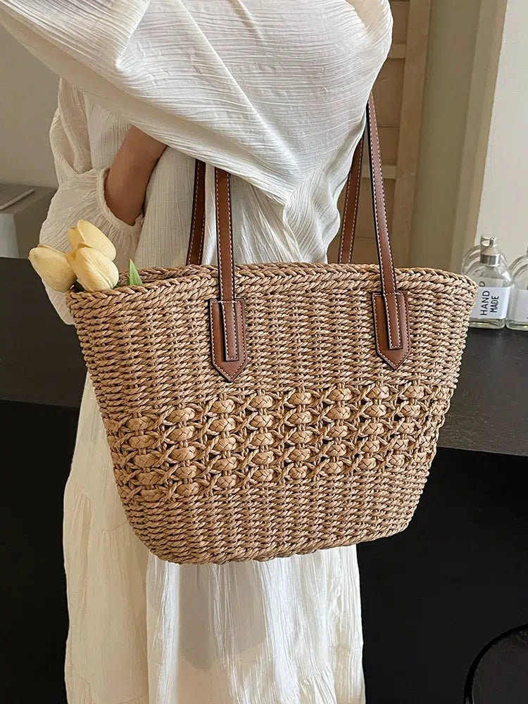 Leather Handles Woven Straw Tote Bag