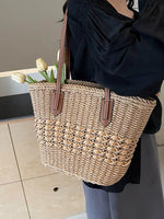 Leather Handles Woven Straw Tote Bag