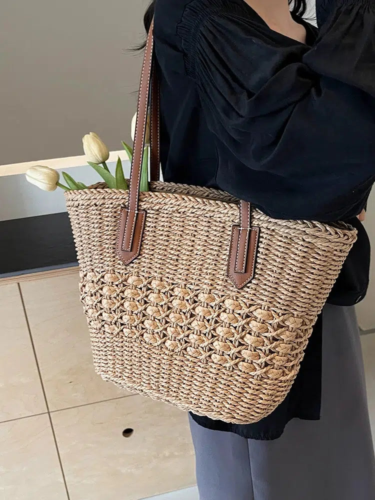 Leather Handles Woven Straw Tote Bag