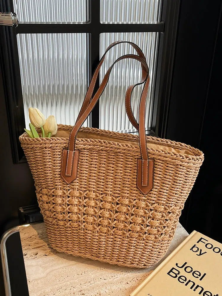 Leather Handles Woven Straw Tote Bag