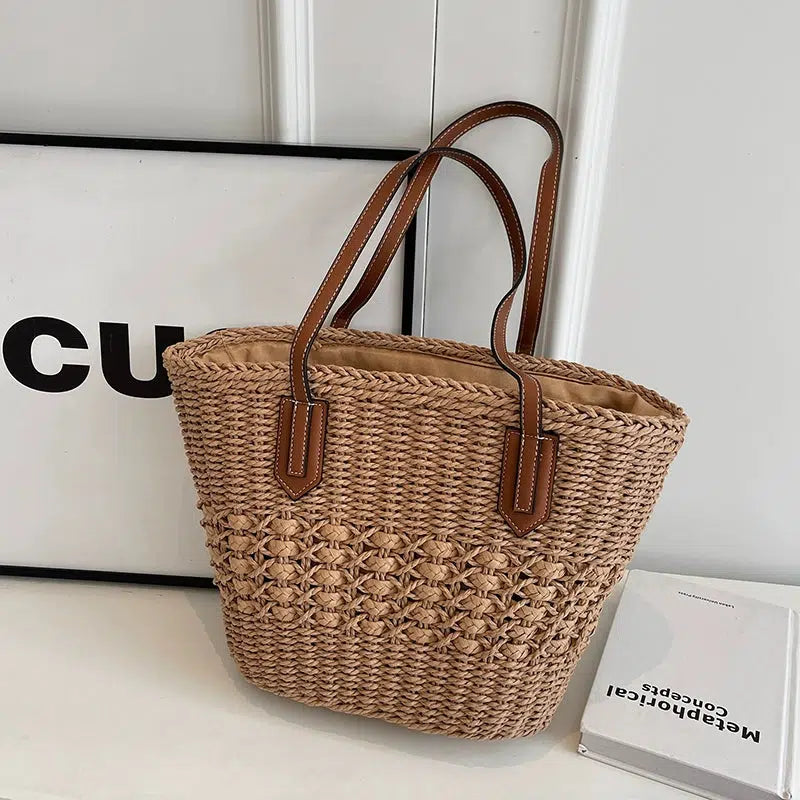 Leather Handles Woven Straw Tote Bag