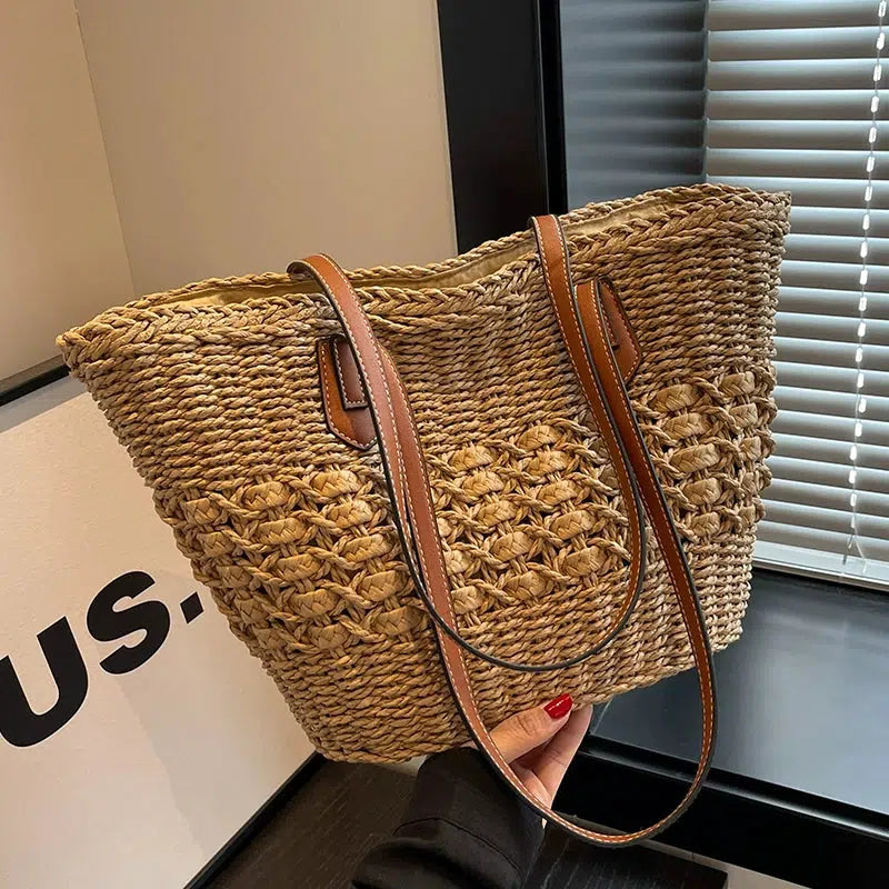 Leather Handles Woven Straw Tote Bag