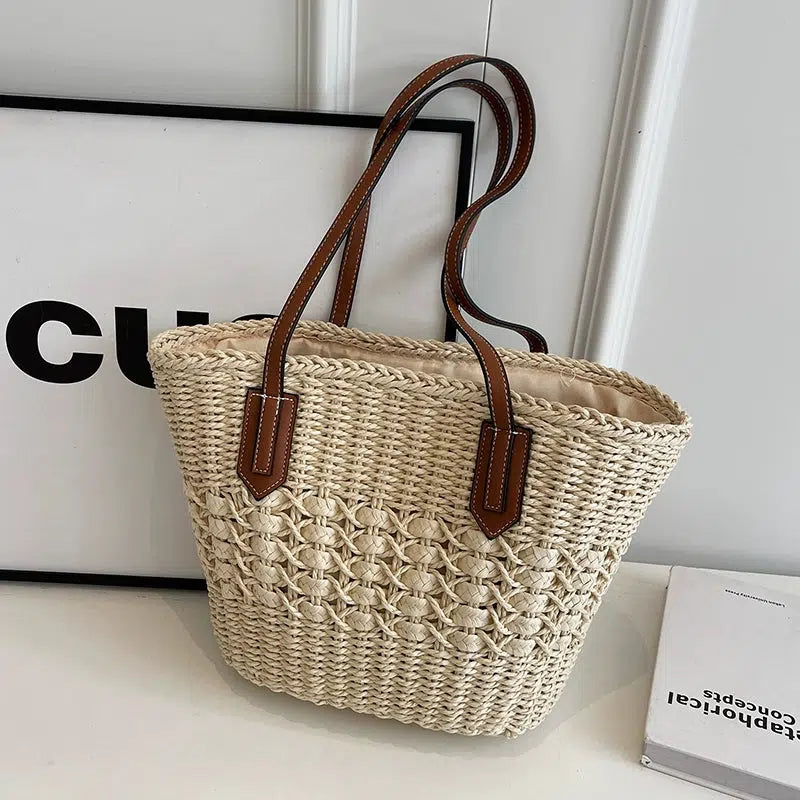 Leather Handles Woven Straw Tote Bag