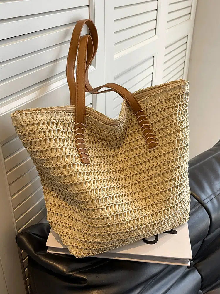 Leather Handles Woven Tote Bag