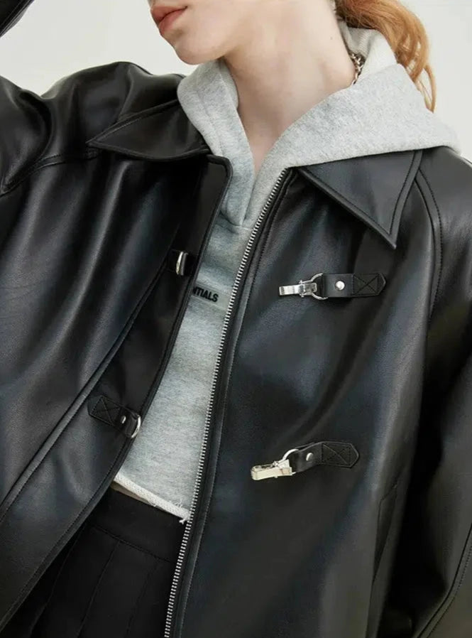 Button Leather Motorcycle Jacket