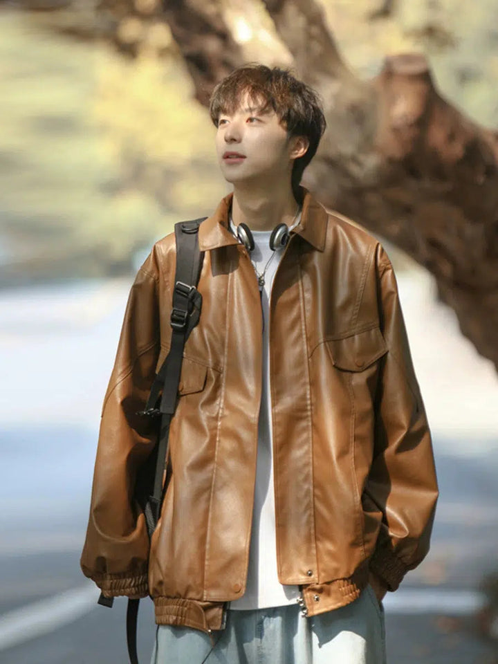 Elastic Cuffs Leather Jacket