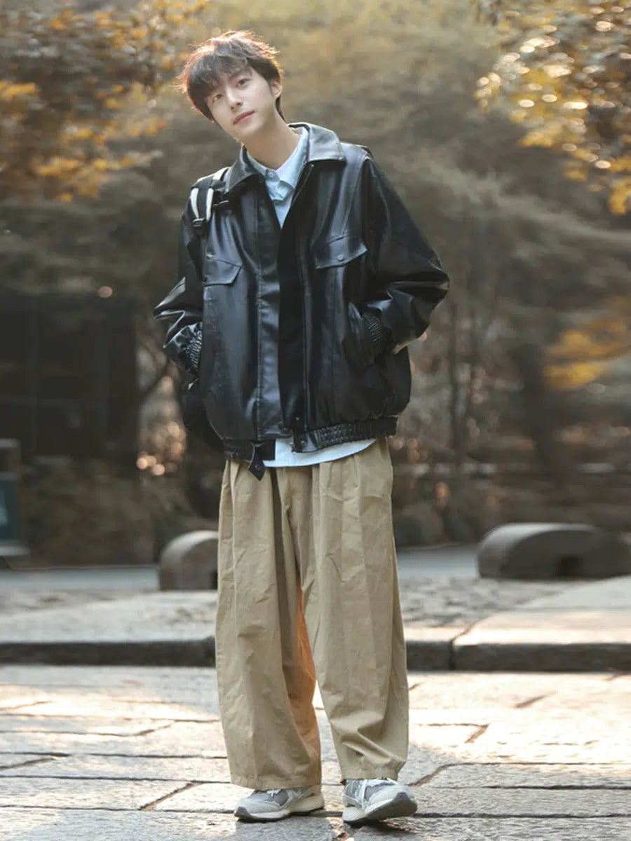 Elastic Cuffs Leather Jacket