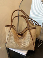 Leather Strap Woven Straw Tote Bag
