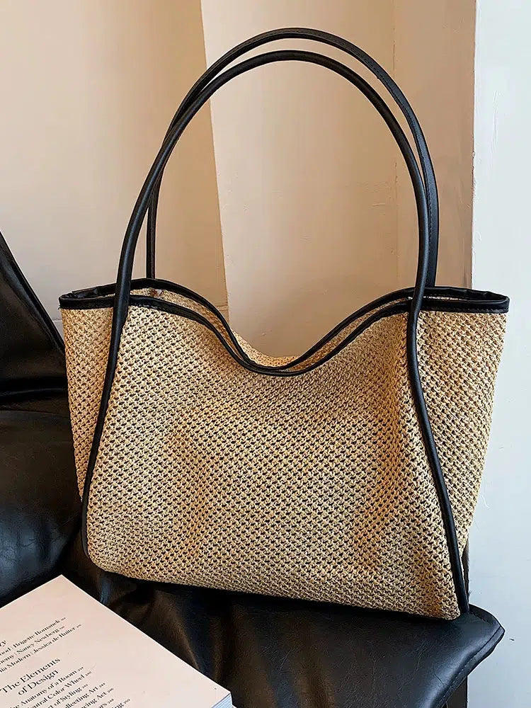 Leather Strap Woven Straw Tote Bag