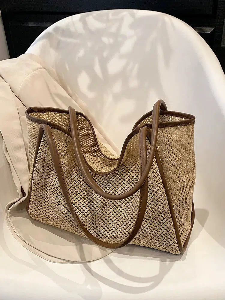 Leather Strap Woven Straw Tote Bag