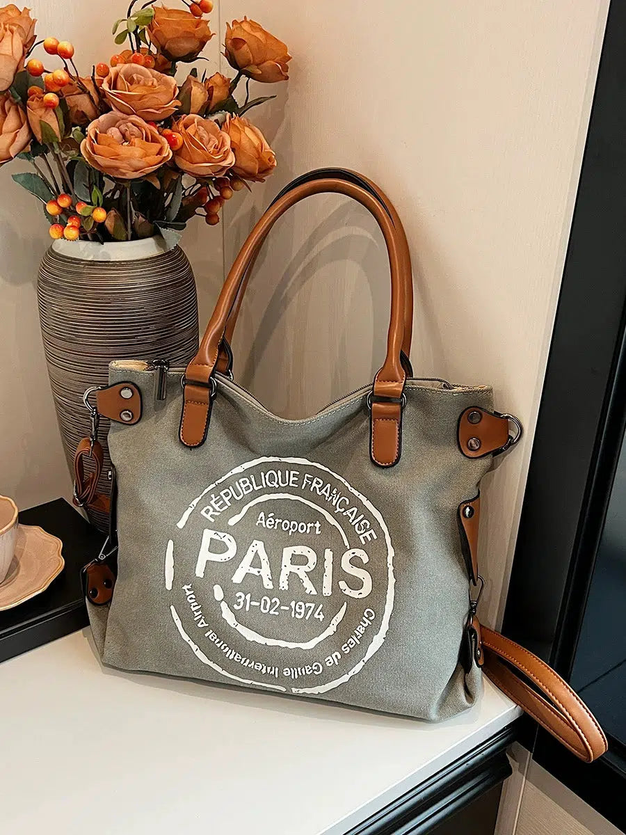 Leather Straps Canvas Tote Bag