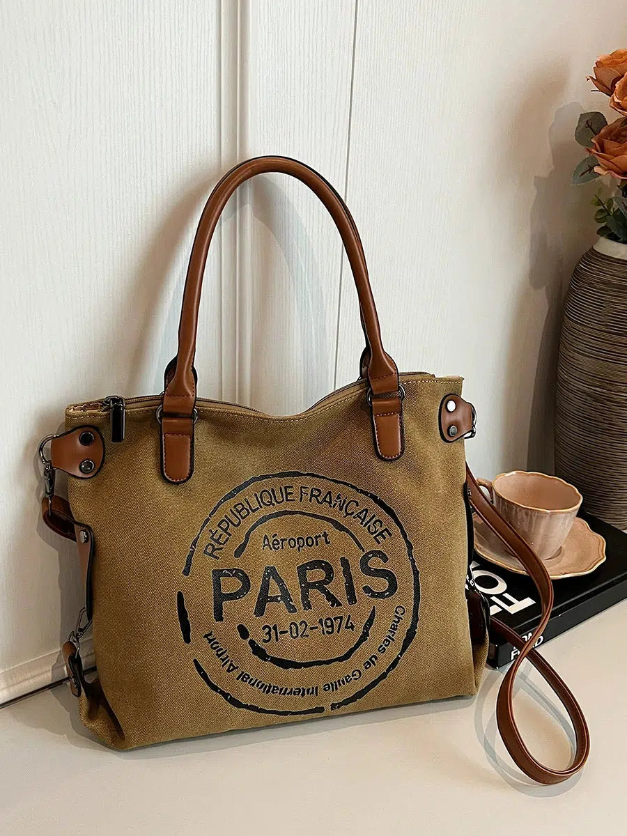 Leather Straps Canvas Tote Bag