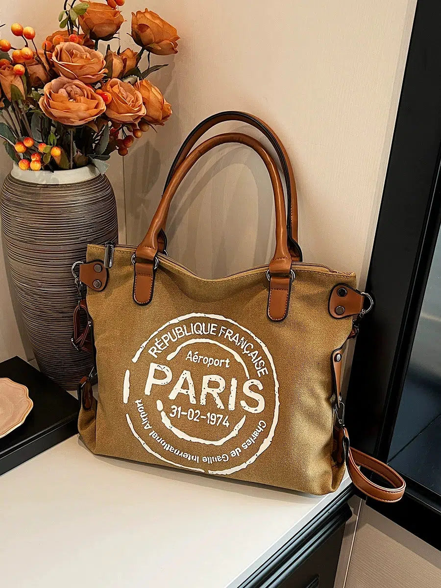 Leather Straps Canvas Tote Bag