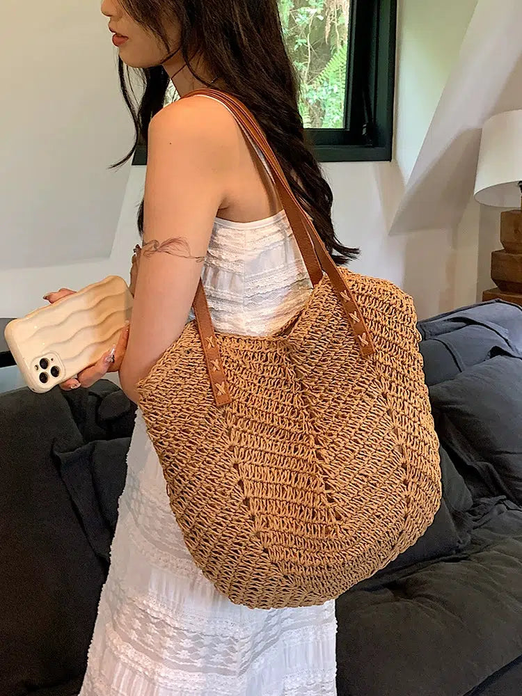 Leather Straps Woven Straw Tote Bag