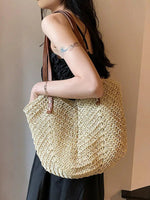Leather Straps Woven Straw Tote Bag