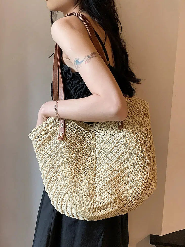 Leather Straps Woven Straw Tote Bag