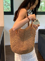 Leather Straps Woven Straw Tote Bag