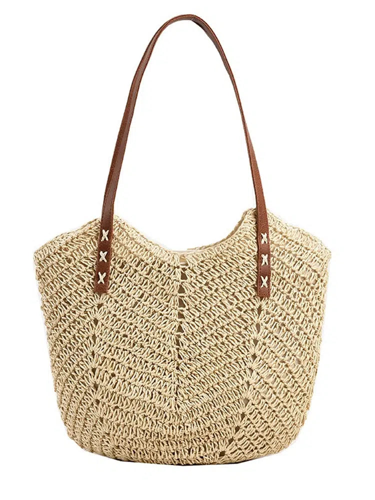 Leather Straps Woven Straw Tote Bag