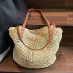 Leather Straps Woven Straw Tote Bag