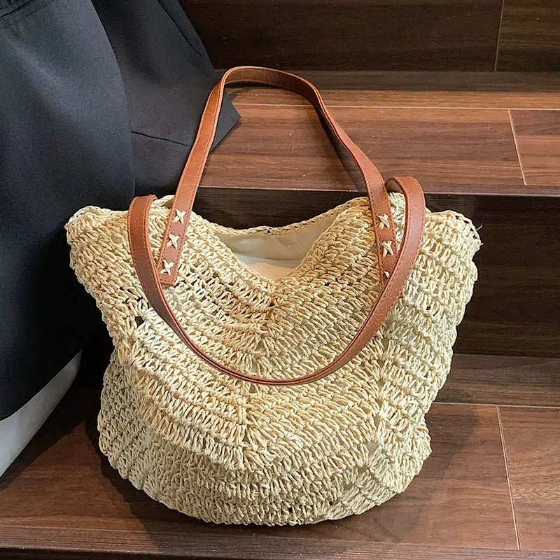 Leather Straps Woven Straw Tote Bag
