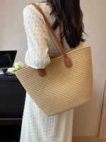 Leather Straps Woven Tote Bag