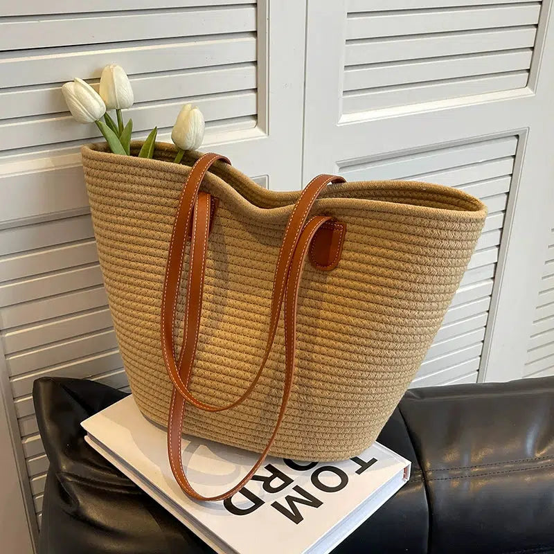 Leather Straps Woven Tote Bag