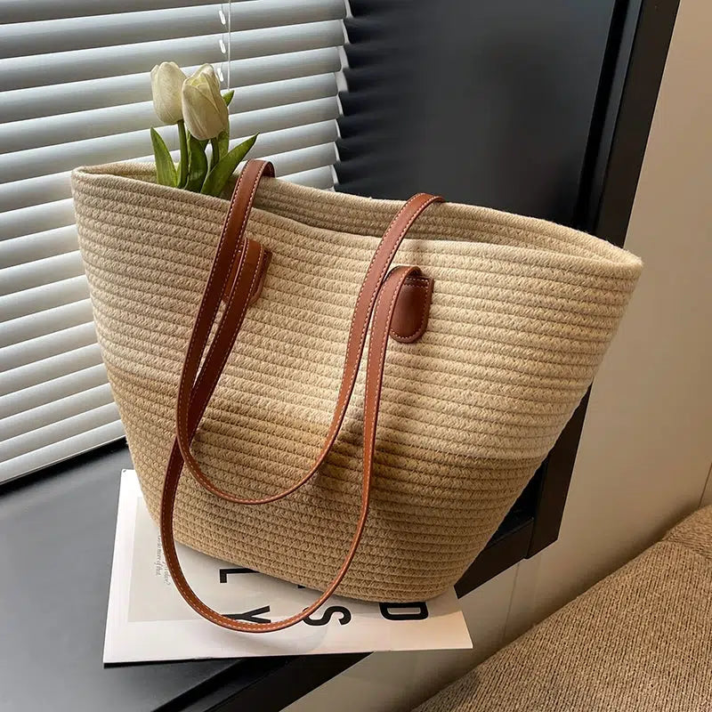 Leather Straps Woven Tote Bag