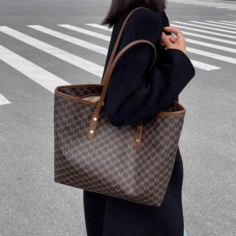 Leather Trim Letter Patterned Tote Bag