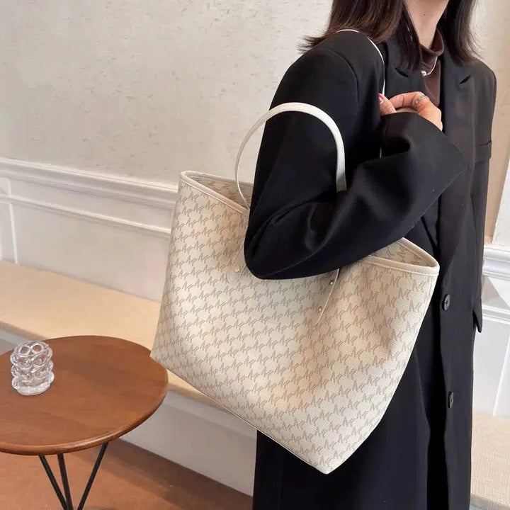 Leather Trim Letter Patterned Tote Bag
