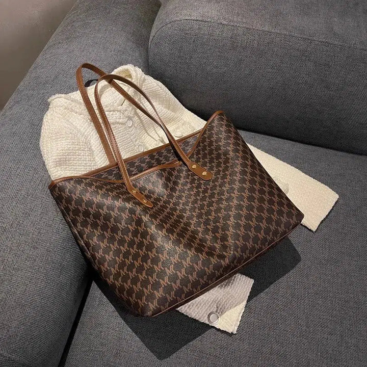 Leather Trim Letter Patterned Tote Bag