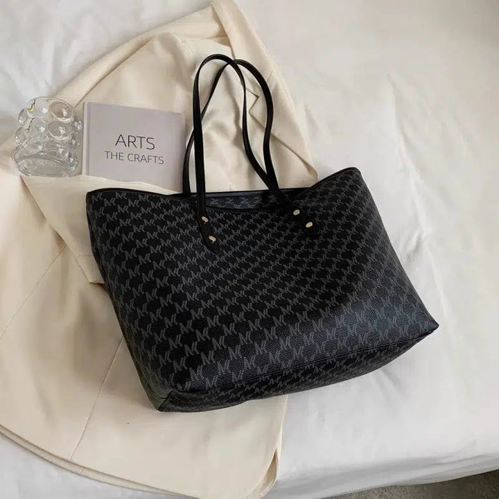 Leather Trim Letter Patterned Tote Bag