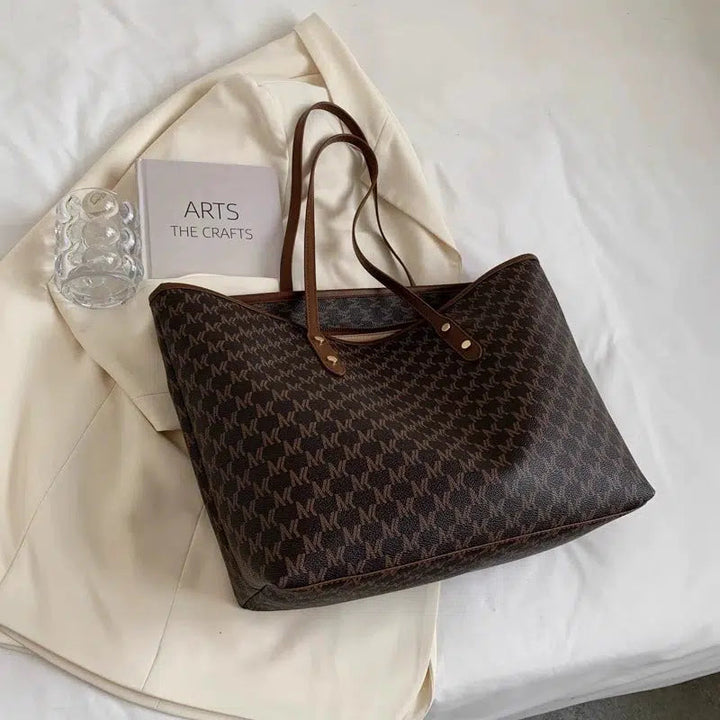 Leather Trim Letter Patterned Tote Bag